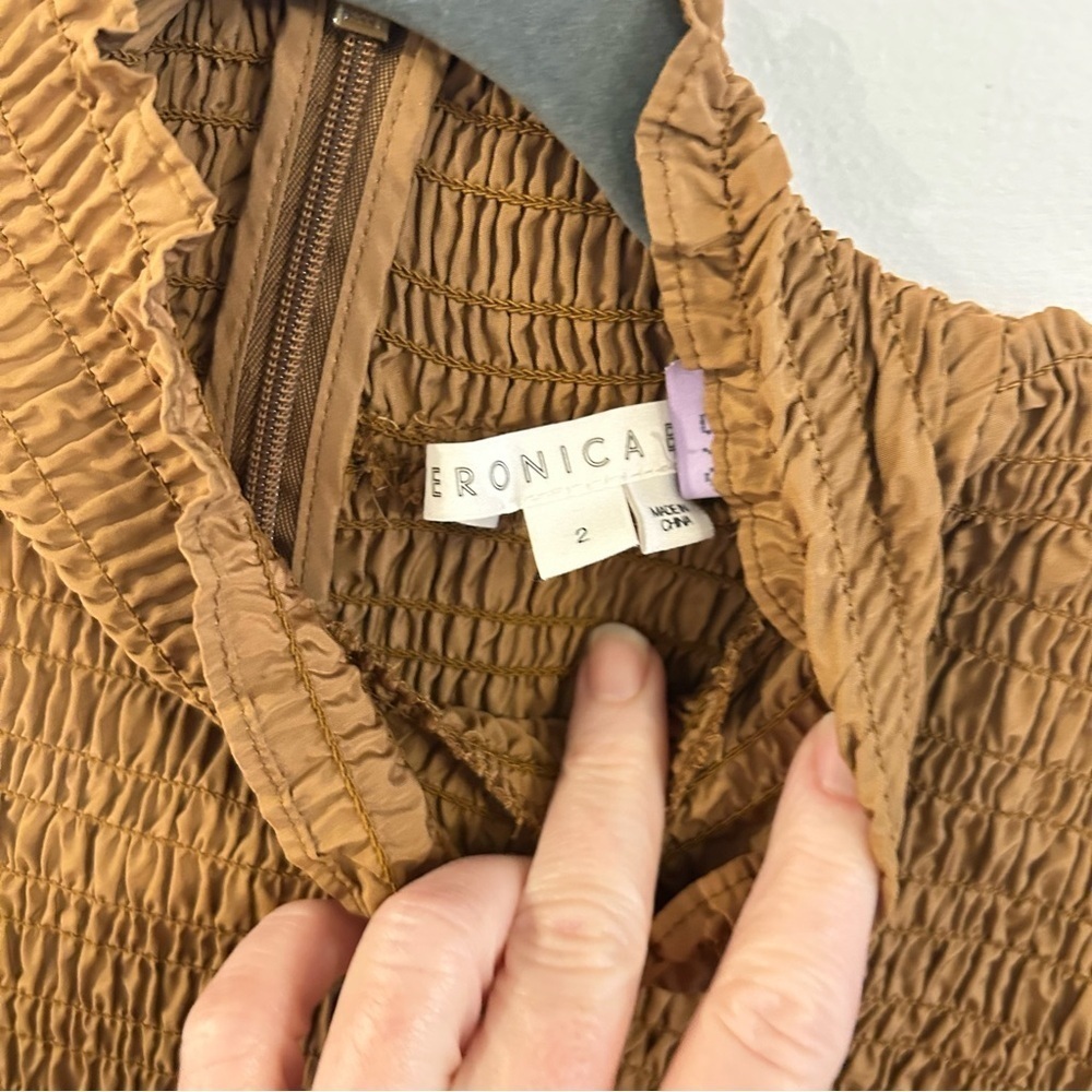 Veronica Beard Camel Smocked Blouse Ruffle collar - Picture 6 of 8